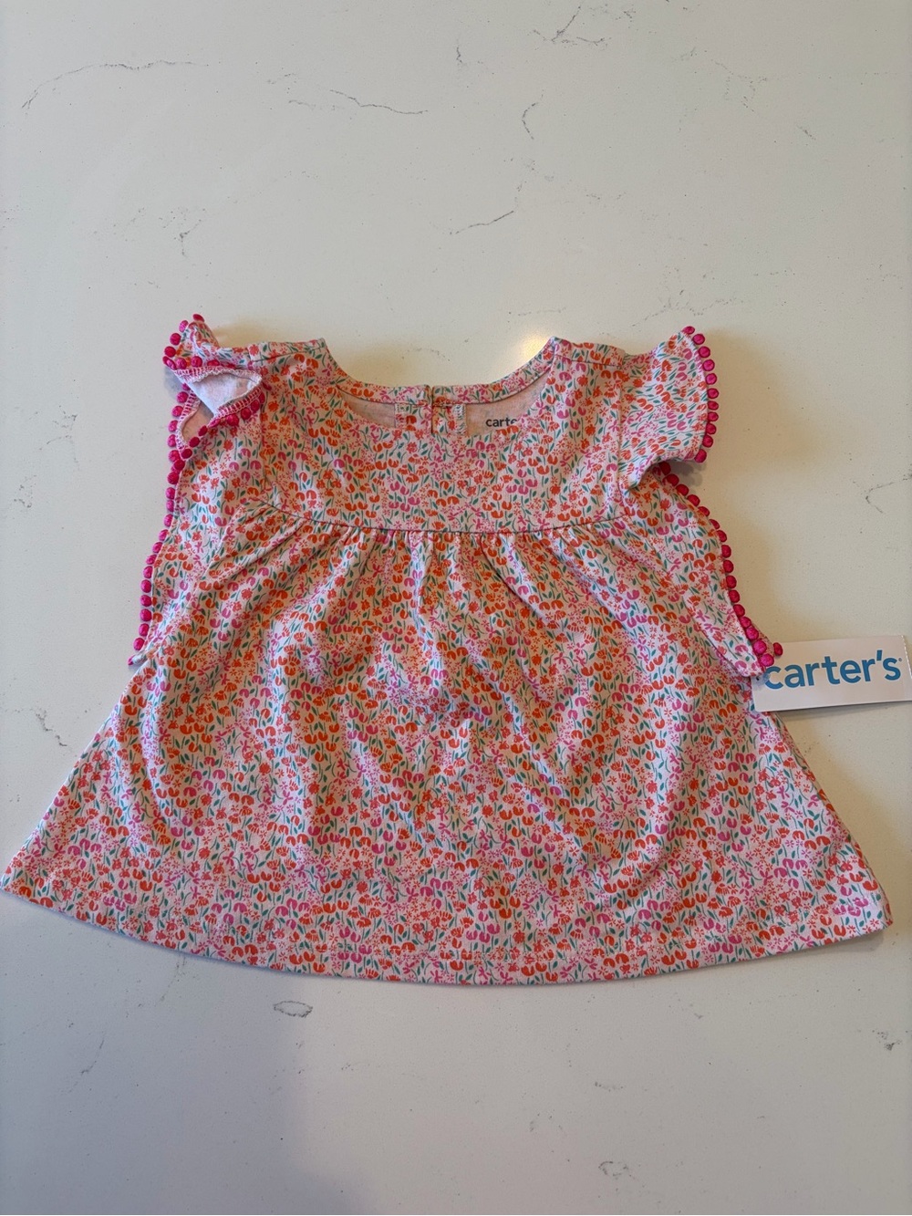 Carter's Pink Floral Pom-Trim Flutter Sleeve Top
